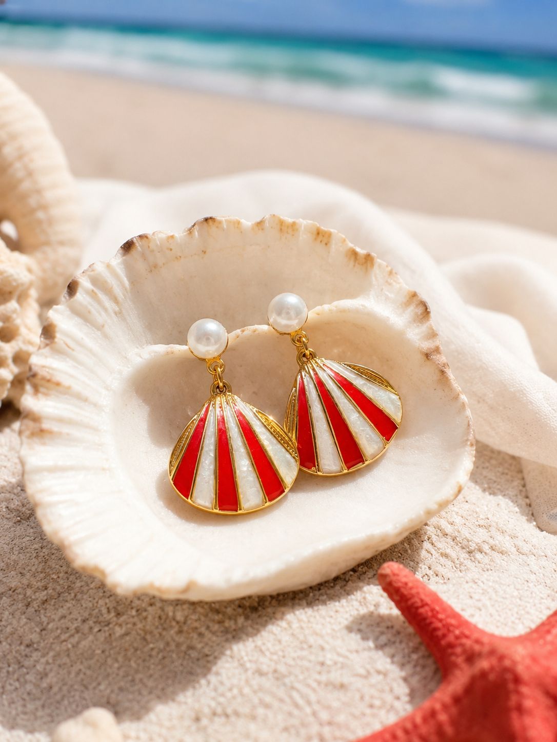Coral Pearl Seashell Drop Earrings